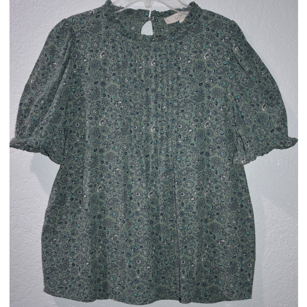 LOFT Floral Paisley Pintuck Blouse Green Short Puff Sleeve Ruffle Neck Top